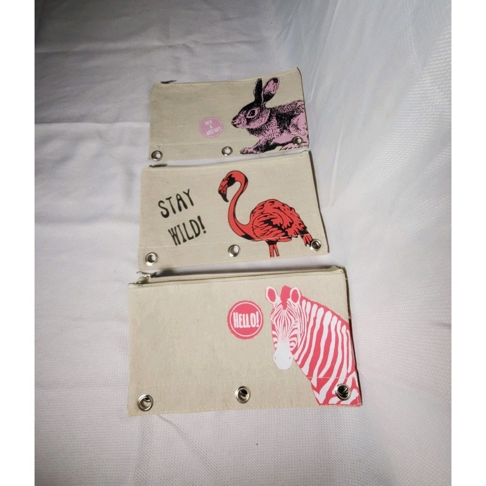 Lot of 7 Canvas 3‎ Ring Binder Pencil Pouches Zipper Cases Flamingo●Bunny●Zebra
